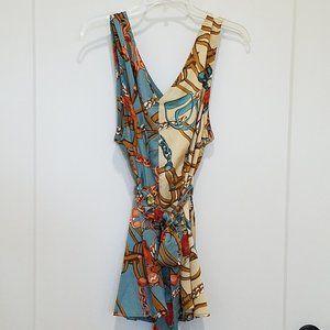 blue cream ivory chains tie sleeveless blouse